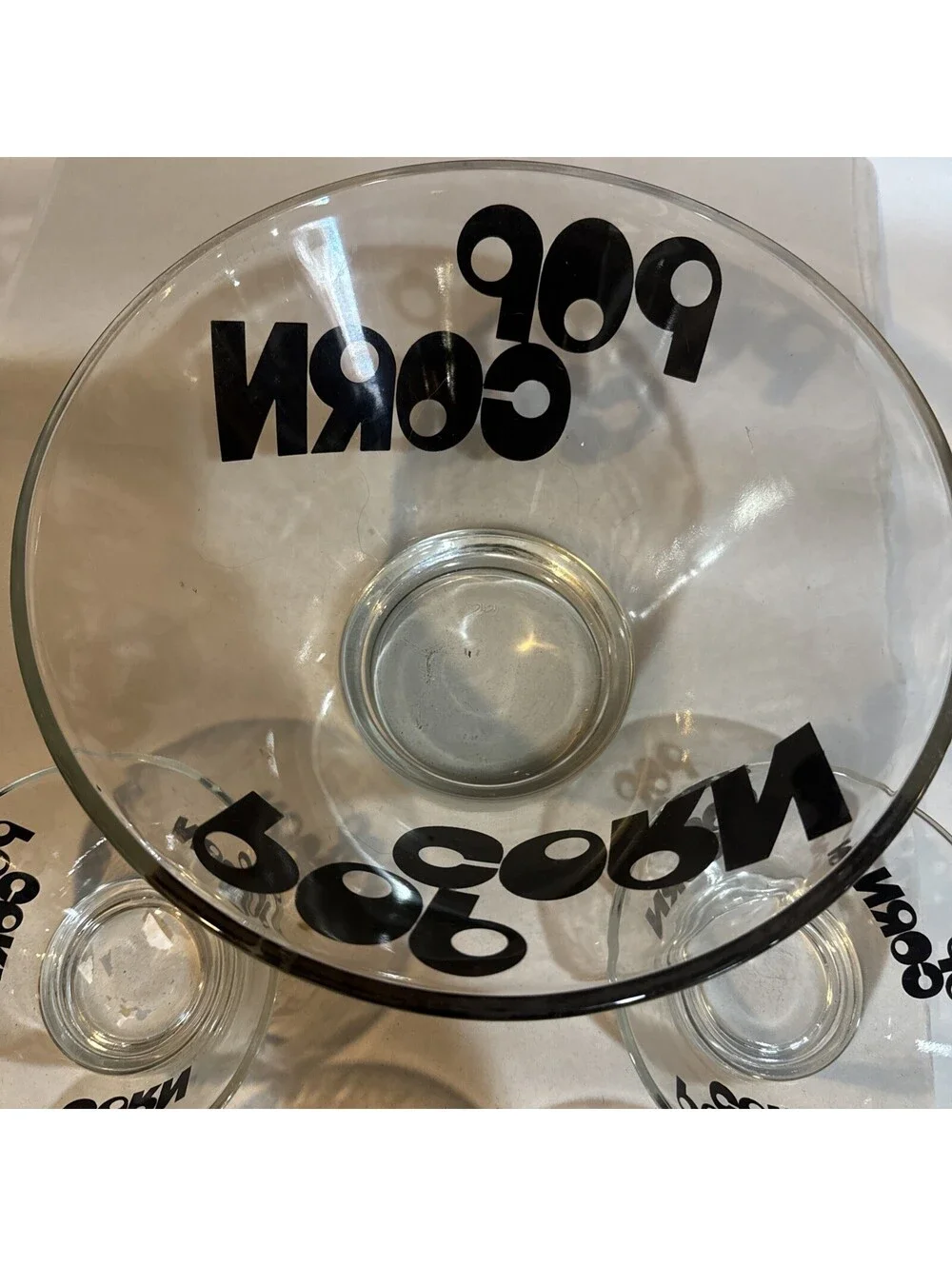 Vintage Retro Clear Glass Popcorn Bowl Set of 4 with Popcorn Text Print- see pic